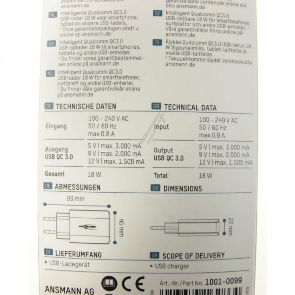 Сетевой USB-адаптер Ansmann 1001-0099 - домашнее зарядное устройство 130Q qualcomm Quick Charge 3.0, 18 Вт
