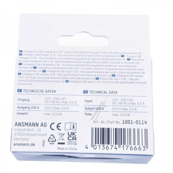 Ansmann 1001-0114 Сетевой USB-адаптер - HC212, двойное зарядное устройство/адаптер питания USB, 2,4А